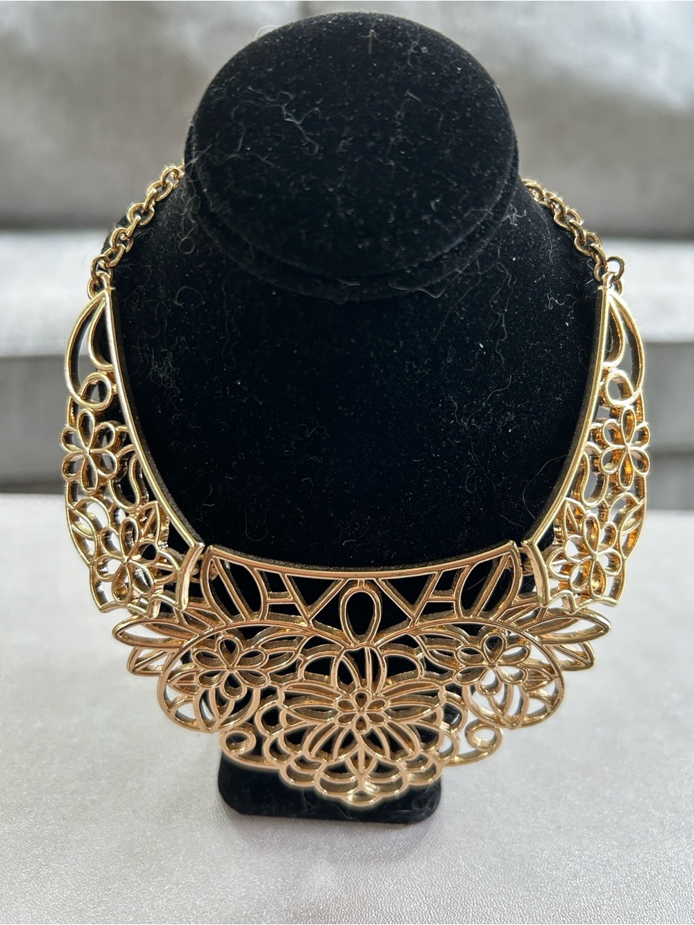 Natasha Gold-Tone Lace Statement Bib Necklace-Adjustable to 18”